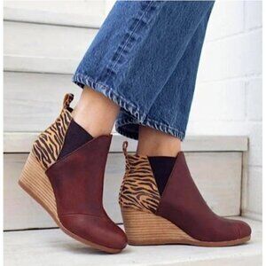 TOMS Kelsey Leather Ankle Boots Wedge Leopard Brown Chelsea Size 7